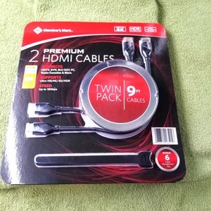 Member's Mark New 2 Premium HDMI Cables Twin Pack 9 foot cables & 6 Ties